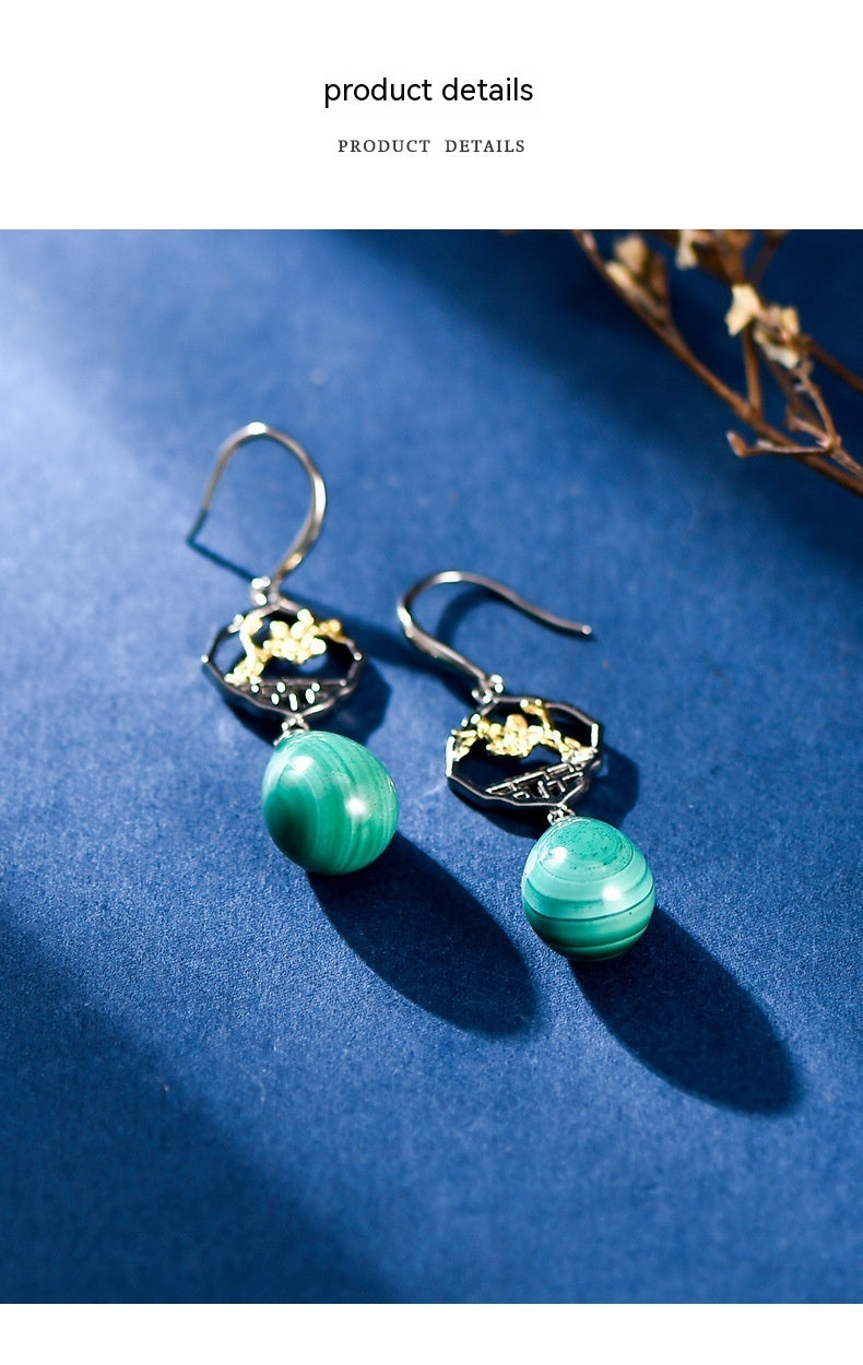 S925 Silver Chinese Ancient Style Window Plum Drop-shaped Malachite Earrings-Jewearrings