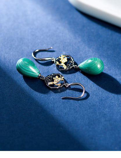 S925 Silver Chinese Ancient Style Window Plum Drop-shaped Malachite Earrings-Jewearrings