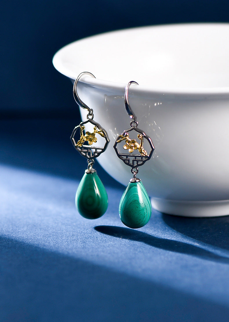 S925 Silver Chinese Ancient Style Window Plum Drop-shaped Malachite Earrings-Jewearrings