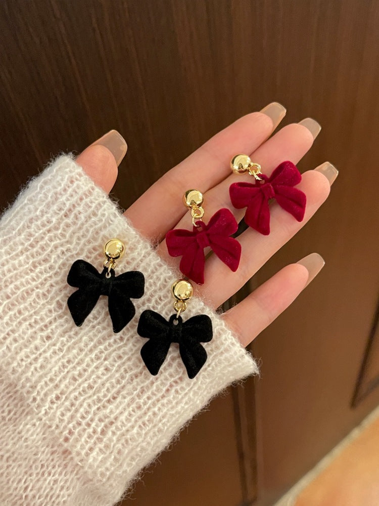 Wine Red Flocking Bow Stud Earrings Women's-Jewearrings