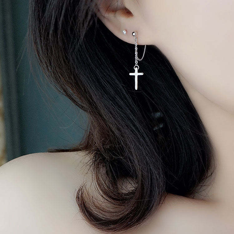 Cross chain tassel earrings in sterling silver-Jewearrings