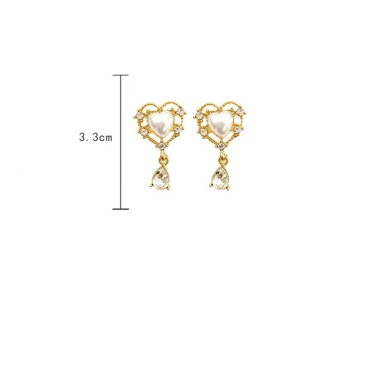 Women's Sterling Silver Needle French Vintage Pearl Love Heart Earrings-Jewearrings