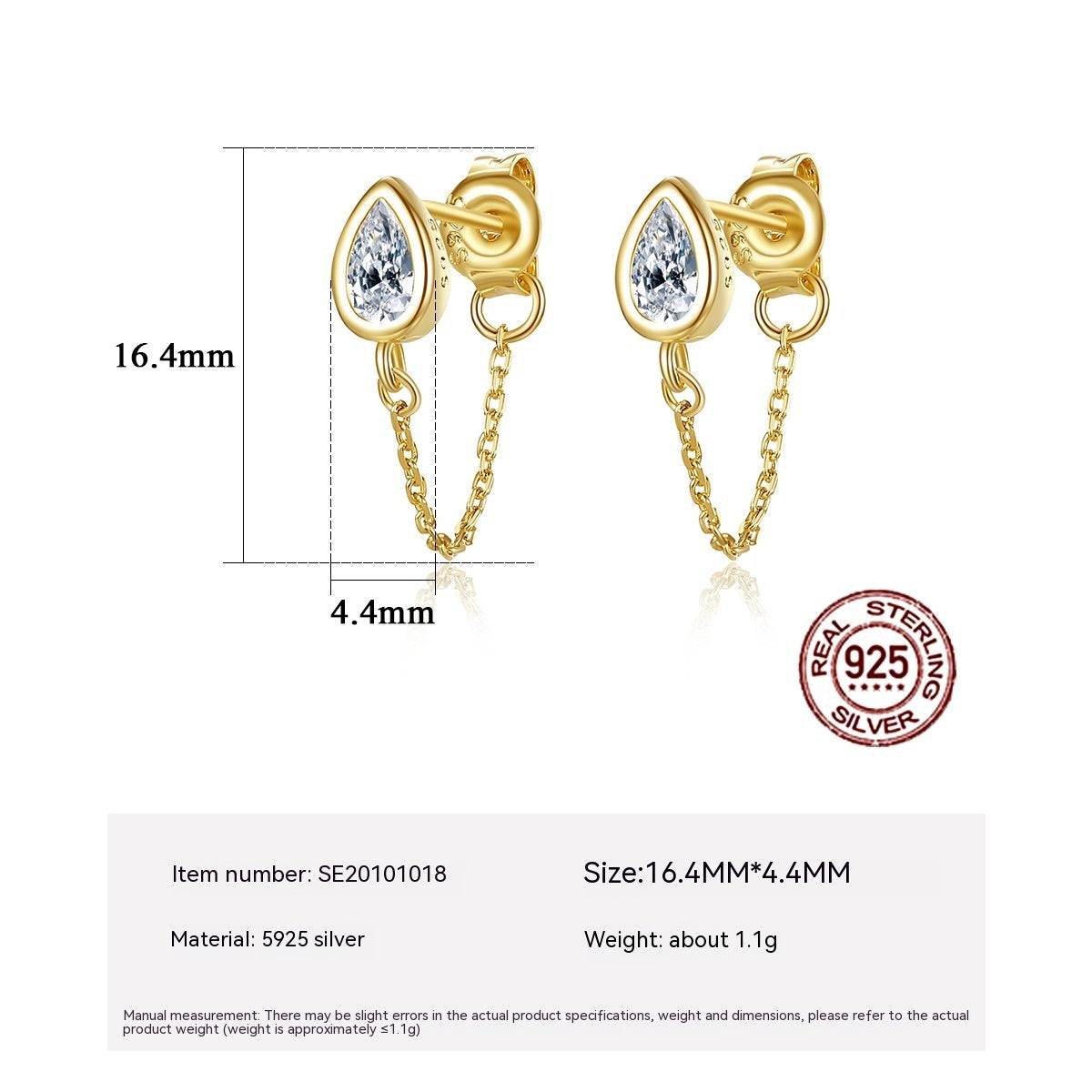 925 Silver Drop Chain Stud Earrings French Zircon-Jewearrings