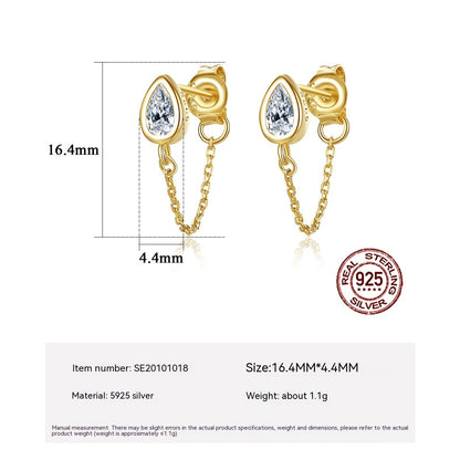 925 Silver Drop Chain Stud Earrings French Zircon-Jewearrings