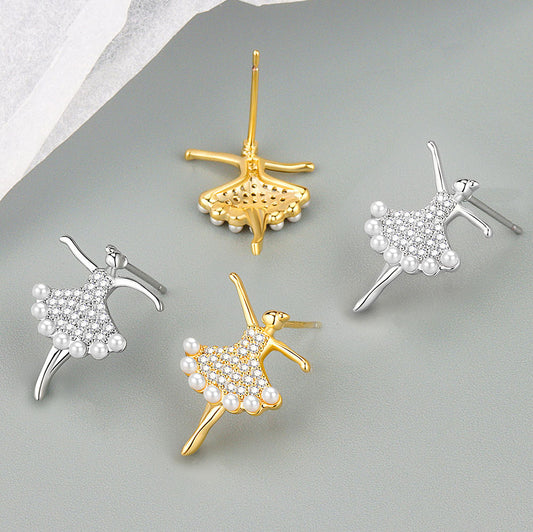 Women's Sterling Silver Needle Dancing Zircon Stud Earrings-Jewearrings