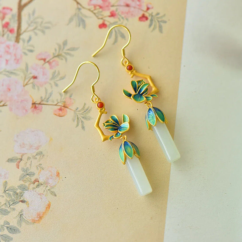 Flower S925 Silver Embeded Jade Eardrops Antique Earrings-Jewearrings