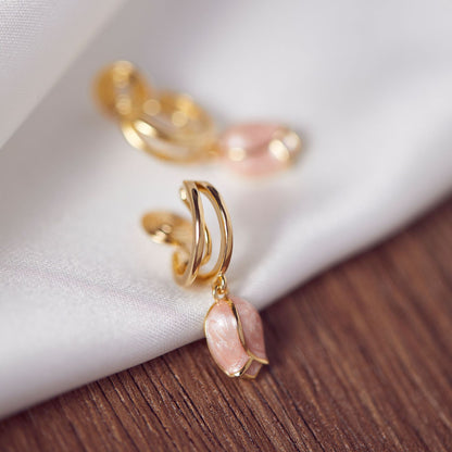 Oil Painting Pink Flower Mosquito Coil Ear Clip Non-pierced Women's Tulip Long Earrings-Jewearrings