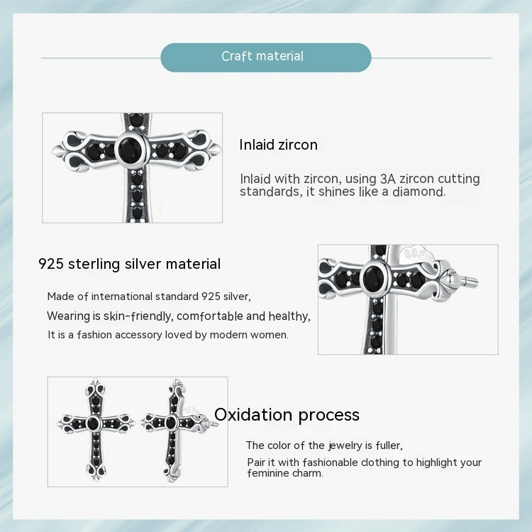 European And American Style Simple Black Vintage Cross Stud Earrings S925 Sterling Silver-Jewearrings