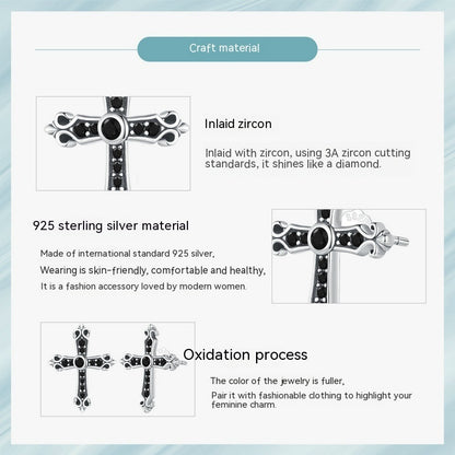 European And American Style Simple Black Vintage Cross Stud Earrings S925 Sterling Silver-Jewearrings