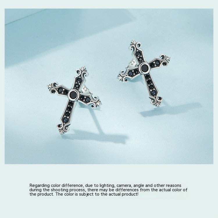 European And American Style Simple Black Vintage Cross Stud Earrings S925 Sterling Silver-Jewearrings