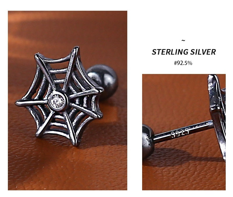 S925 Silver Dark Style Personalized Creative Spider Web Zircon Screw Stud Earrings Halloween-Jewearrings