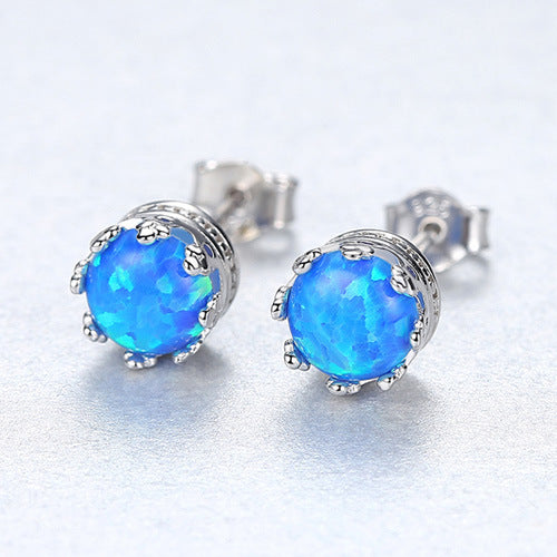 Round Opal Sterling Silver Stud Earrings-Jewearrings