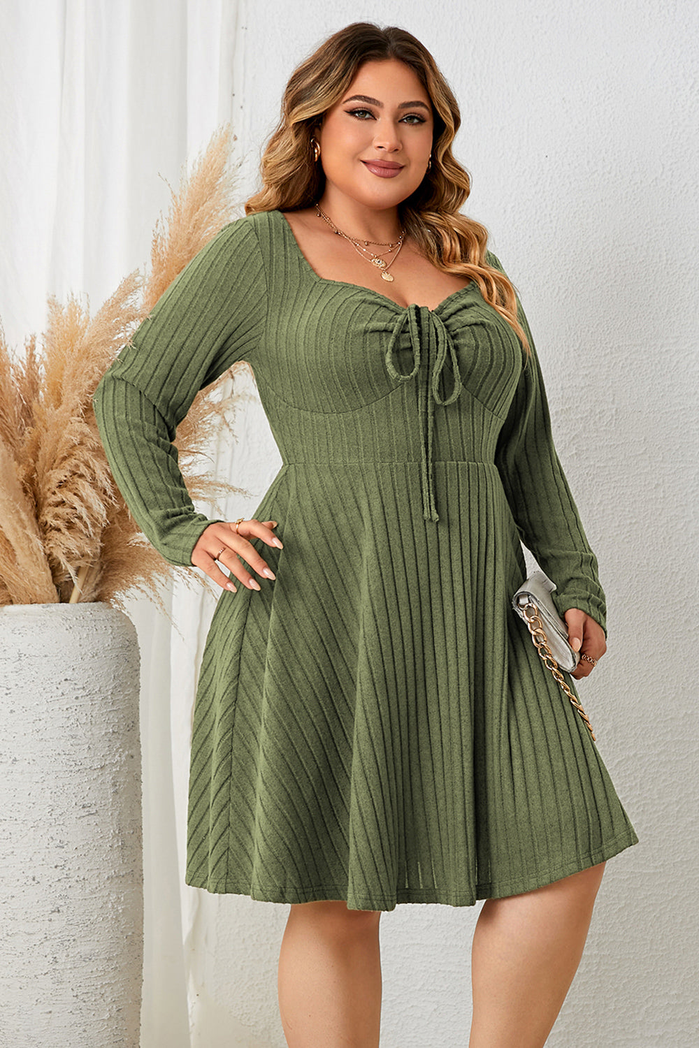 Plus Size Sweetheart Neck Long Sleeve Ribbed Dress-Jewearrings