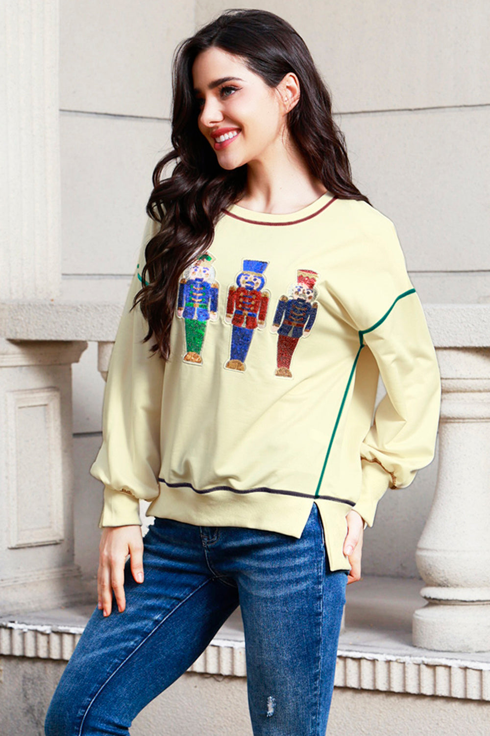 Sequin Nutcracker Round Neck Slit Sweatshirt-Jewearrings