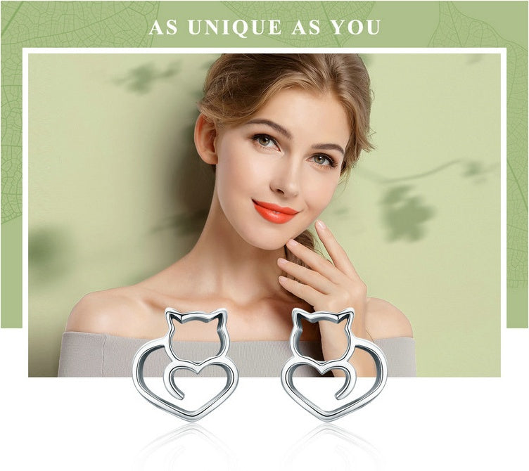 new simple silver cat earrings female s925 sterling silver hollow female earrings small animal silver-Jewearrings