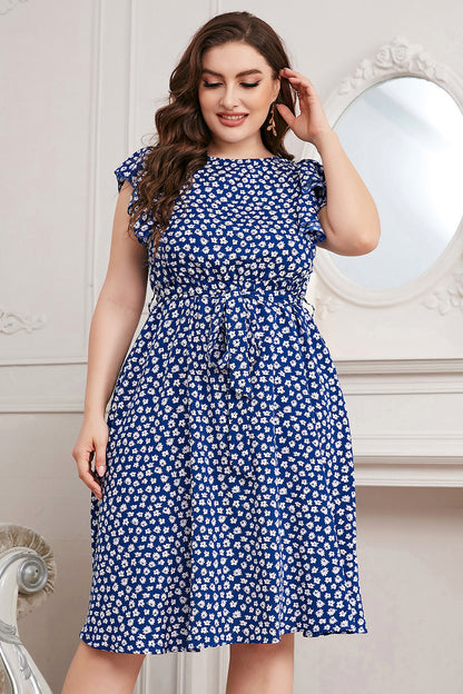 Plus Size Round Neck Tie Waist Dress-Jewearrings