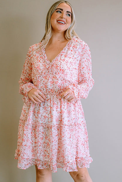 Plus Size Floral V-Neck Frill Long Sleeve Dress-Jewearrings