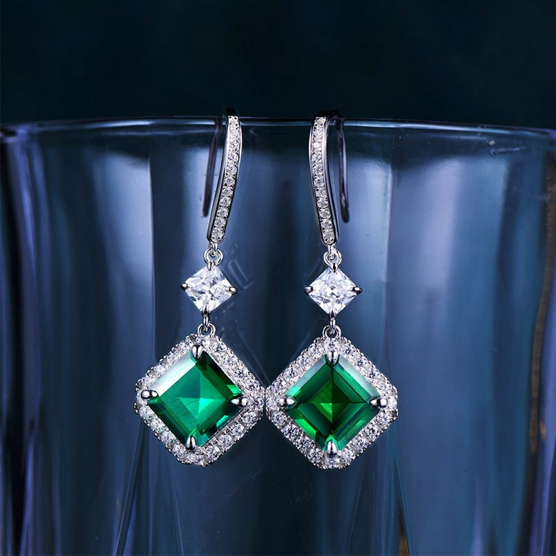 Women's S925 Silver Emerald Square Earrings-Jewearrings