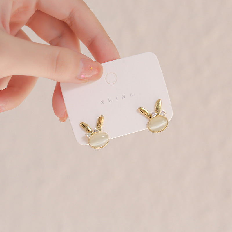 Cute Rabbit Opal Stud Earrings Earrings Silver Post Earrings-Jewearrings