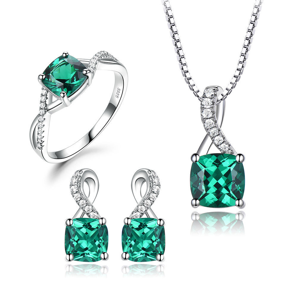 Three-Piece Emerald Ladies Pendant Earrings Ring Set-Jewearrings