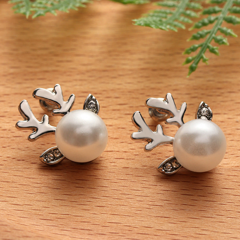 Stud Earrings Christmas Pearl Antlers Earrings-Jewearrings