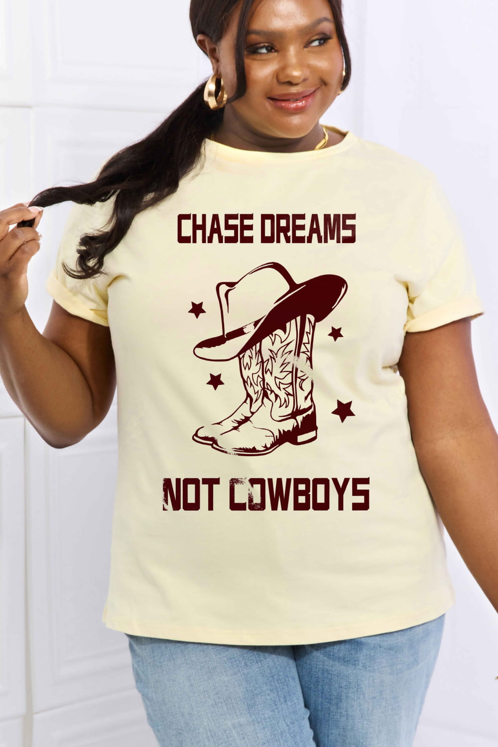 Simply Love Simply Love Full Size CHASE DREAMS NOT COWBOYS Graphic Cotton Tee-Jewearrings