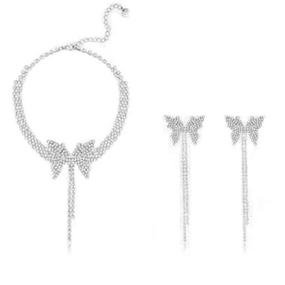 Rhinestone Bow Necklace Female Tassel Earrings-Jewearrings