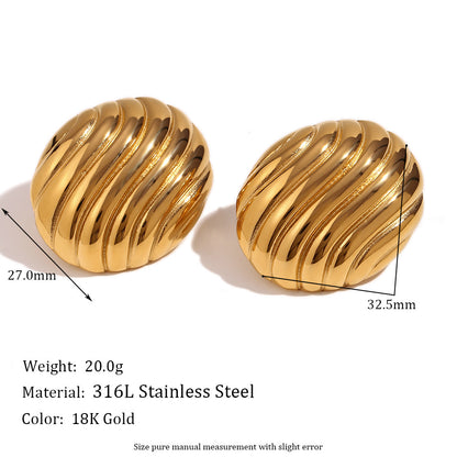 Stainless Steel 18K Gold Plating Vintage Oval Streamline Striped Stud Earrings-Jewearrings