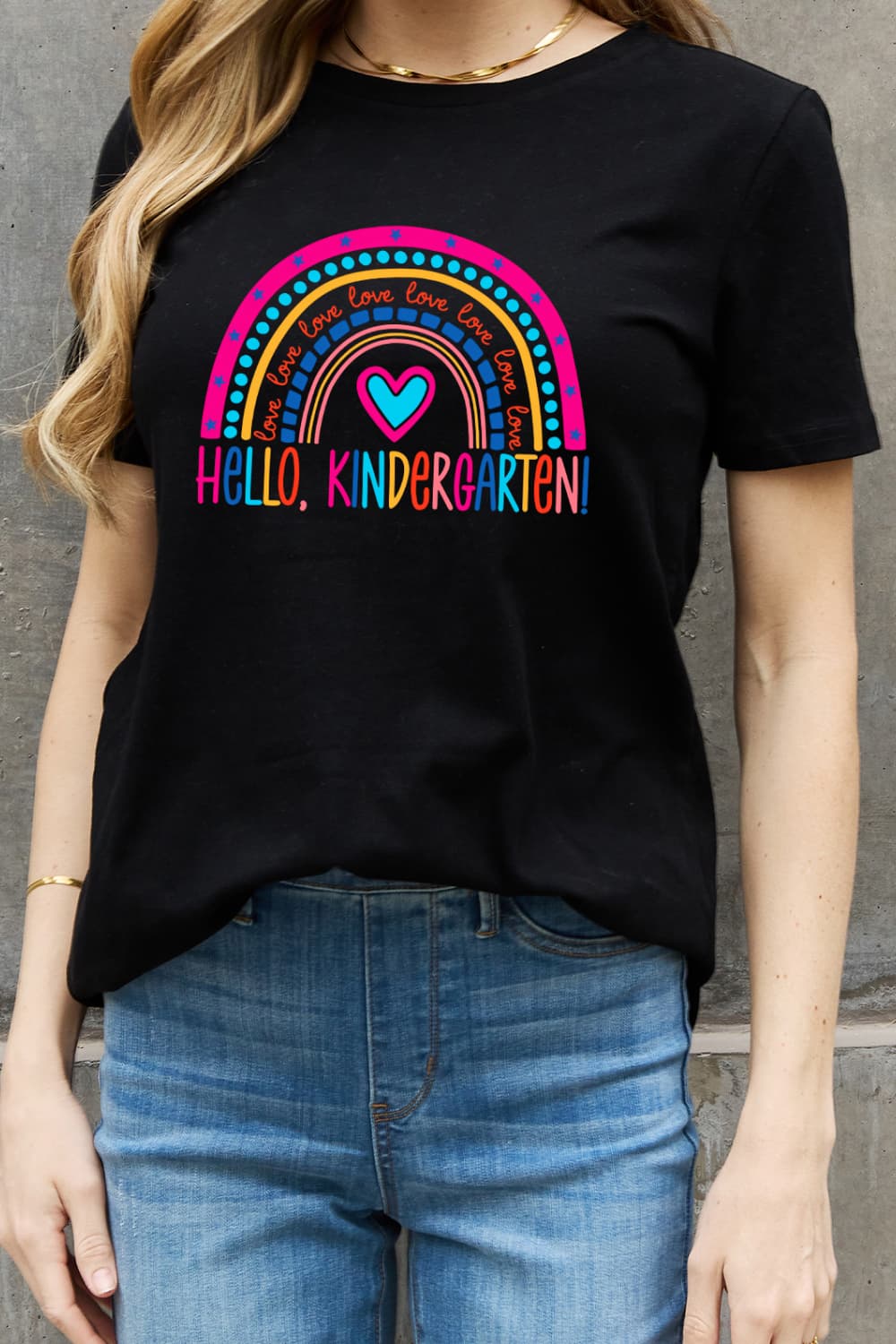 Simply Love Full Size LOVE HELLO KINDERGARTEN Rainbow Graphic Cotton Tee-Jewearrings