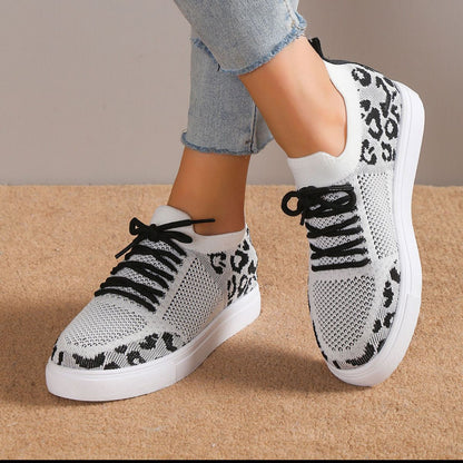 Lace-Up Leopard Flat Sneakers-Jewearrings