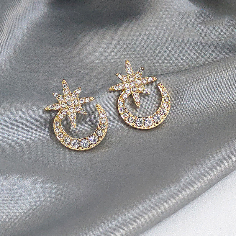 Light Luxury Custom Niche Design Sense Micro-studded Star And Moon Phase Stud Earrings-Jewearrings