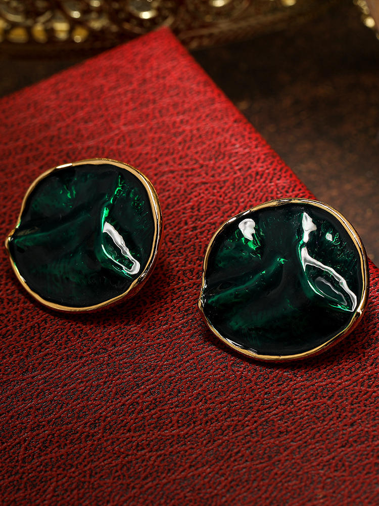 Female Cangling Green Round Hill Surface Silver Pin Earrings-Jewearrings