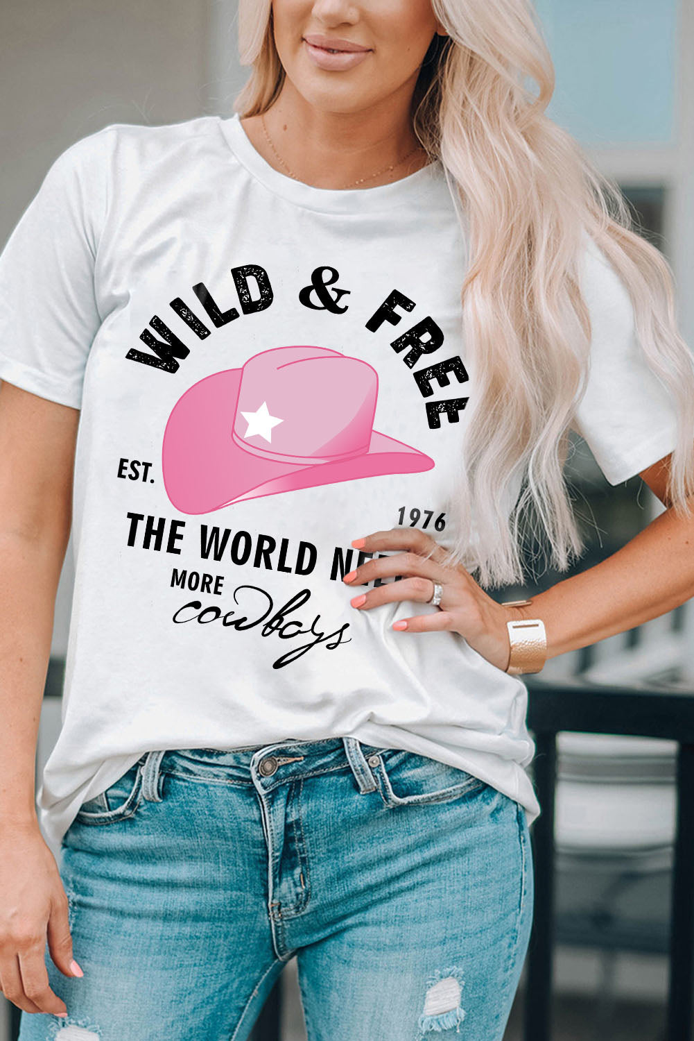 Slogan Graphic Cuffed Tee Round Neck Tee Shirt-Jewearrings