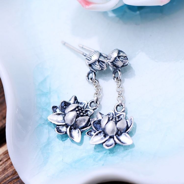 S925 sterling silver vintage tassel lotus ethnic style earrings-Jewearrings