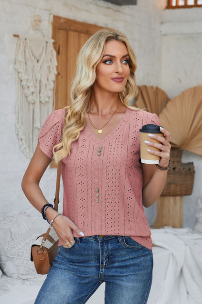 Decorative Button Eyelet V-Neck Short Sleeve T-Shirt-Jewearrings