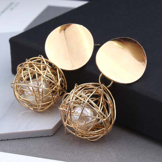 Vintage Geometric Earrings Simple Woven Ball Pearl Stud Earrings-Jewearrings