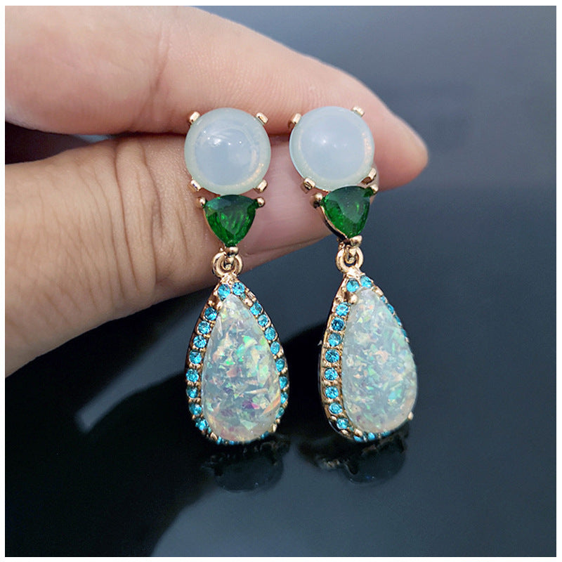 Noble Imitation Natural Jade and Chalcedony Opal Earrings-Jewearrings