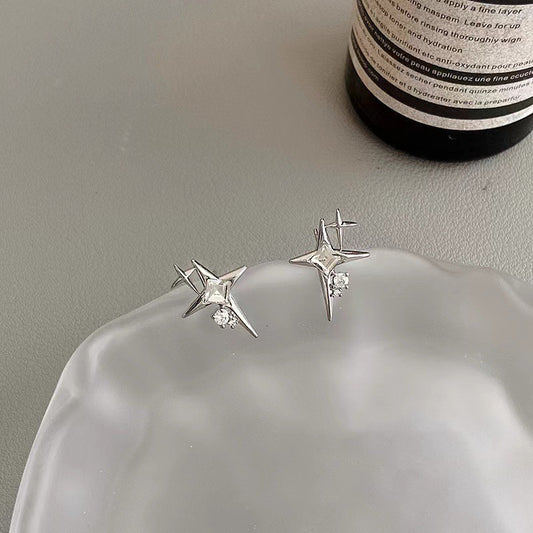 Four Awn Star Cross Zircon Earrings S925 Silver Needle Star Ornaments-Jewearrings