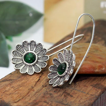 Ancient Silver Lotus Emerald Earrings-Jewearrings