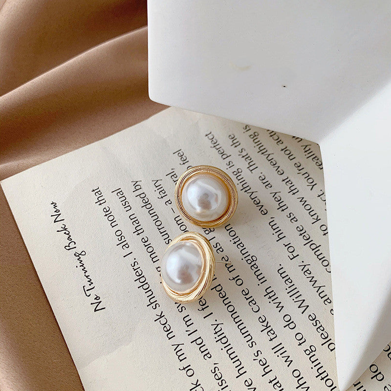 Silver Post Pearl Stud Earrings Geometric Round Earrings Korea-Jewearrings