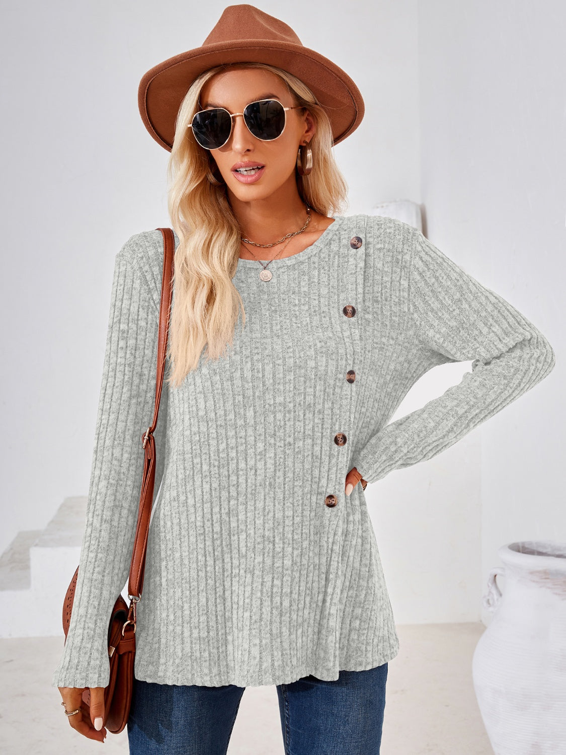 Ribbed Buttoned Round Neck Slit T-Shirt-Jewearrings