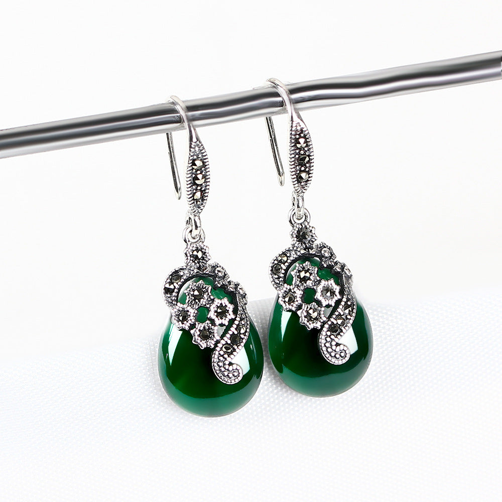 Vintage Thai Silver Earrings Female Green Agate-Jewearrings