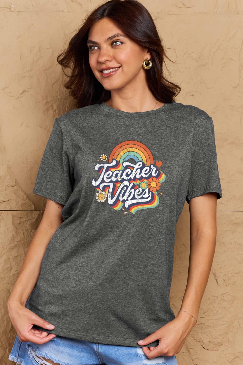 Simply Love Full Size TEACHER VIBES Graphic Cotton T-Shirt-Jewearrings