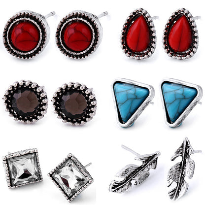 Personality fashion vintage natural stone stud earrings Geometric turquoise stone rhinestone leaves 6 pairs of earrings-Jewearrings