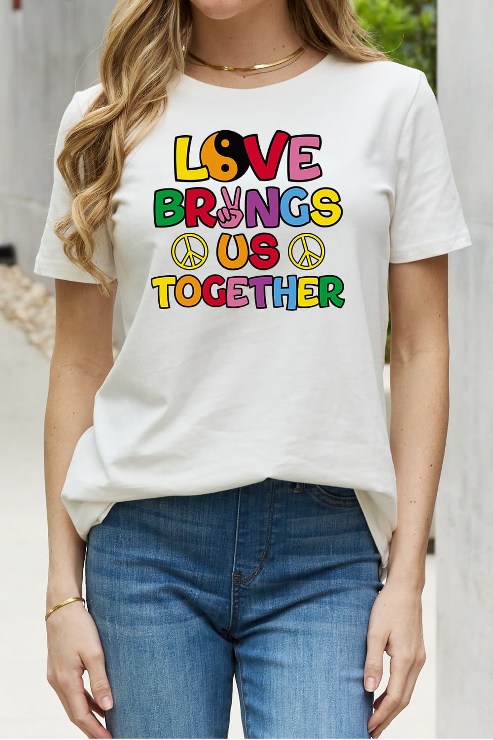 Simply Love Full Size LOVE BRINGS US TOGETHER Graphic Cotton Tee-Jewearrings