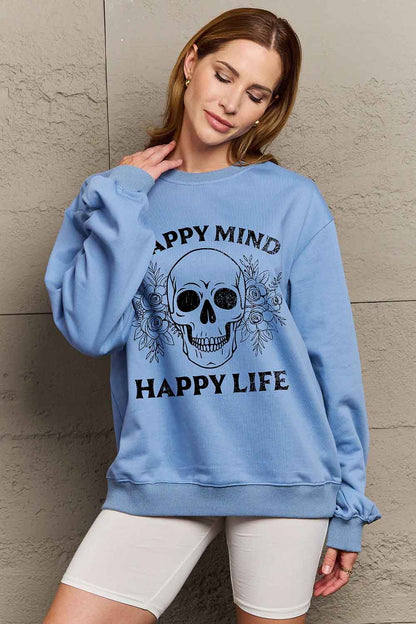 Simply Love Simply Love Full Size HAPPY MIND HAPPY LIFE SKULL Graphic Sweatshirt-Jewearrings