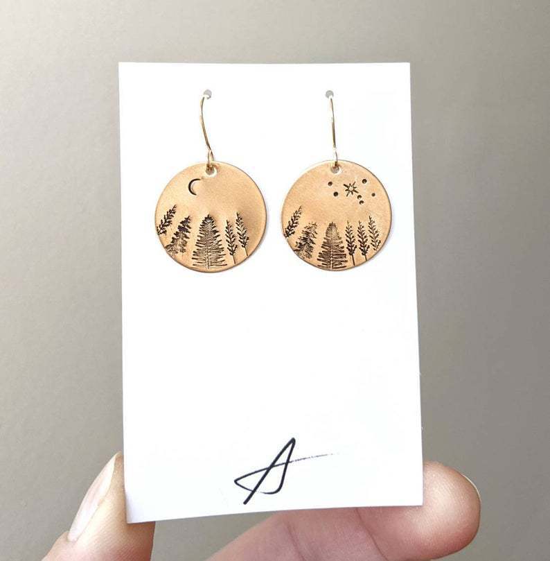 Vintage Asian Gold Disc Pine Star Moon Asymmetric Earrings-Jewearrings