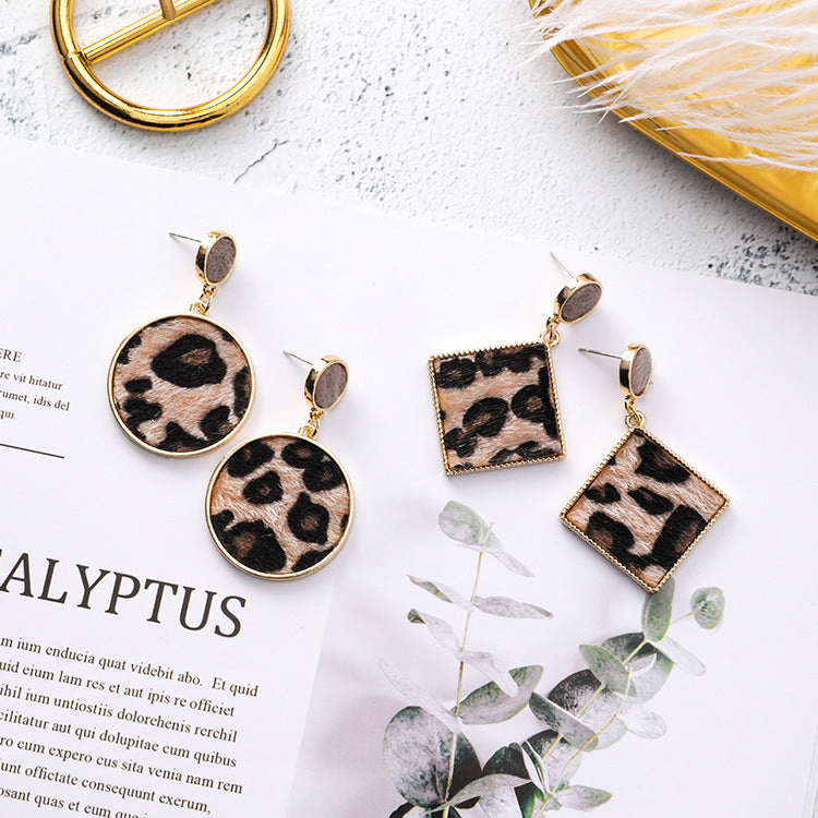 925 silver pin sexy leopard earrings metal geometric square round suede striped earrings exaggerated tide earrings-Jewearrings