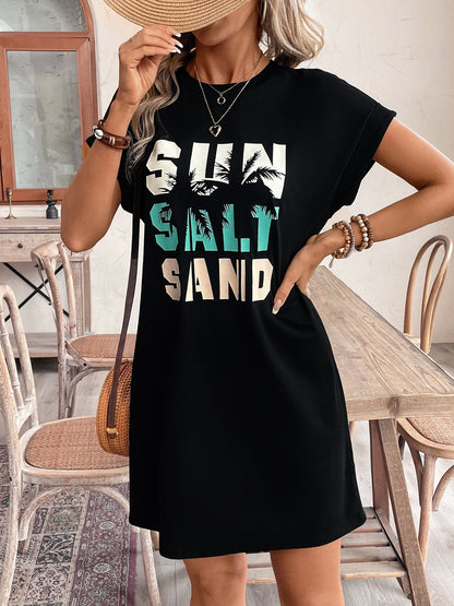 Letter Graphic Round Neck Short Sleeve Mini Tee Dress-Jewearrings