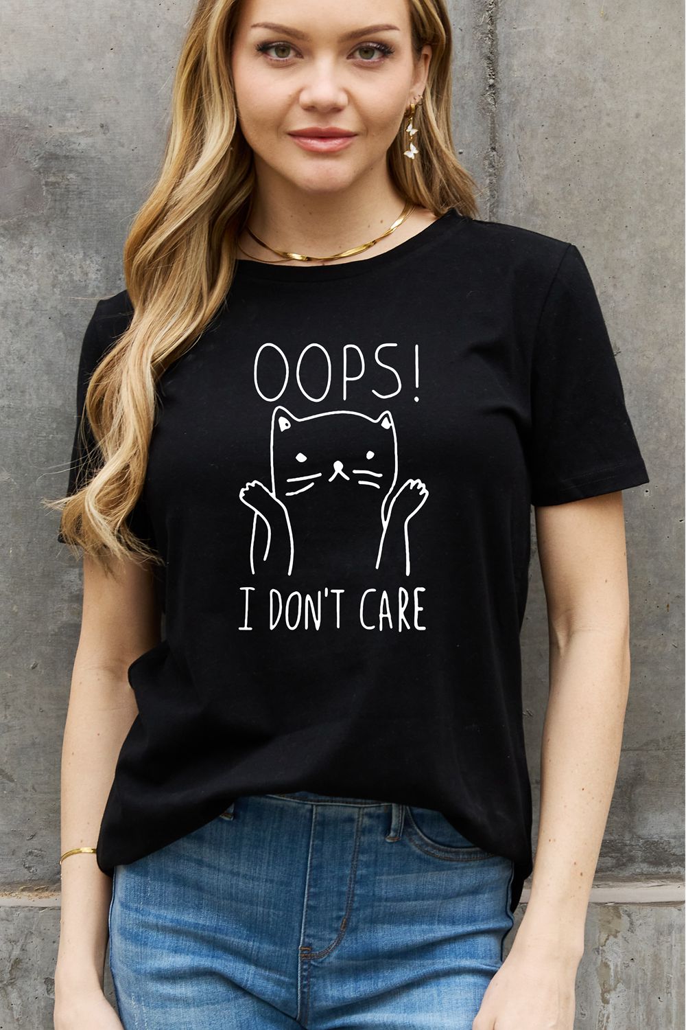 Simply Love Full Size OOPS I DON’T CARE Graphic Cotton Tee-Jewearrings